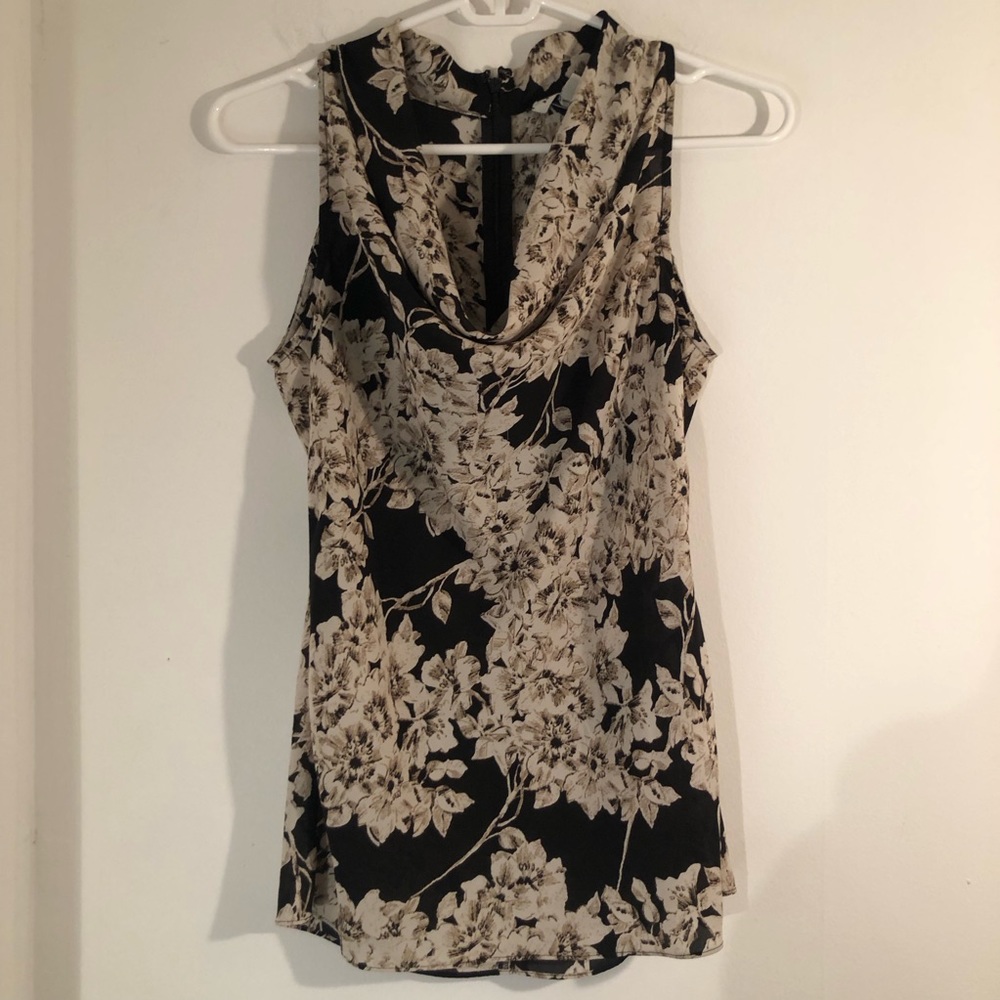 Banana Republic Draped Neck Floral Blouse Womens 2 Sleeveless Cream / Black